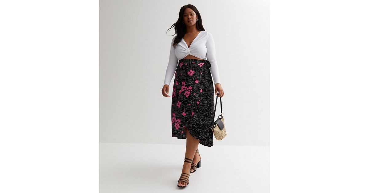 Curves Black Floral Spot Midi Wrap Skirt New Look