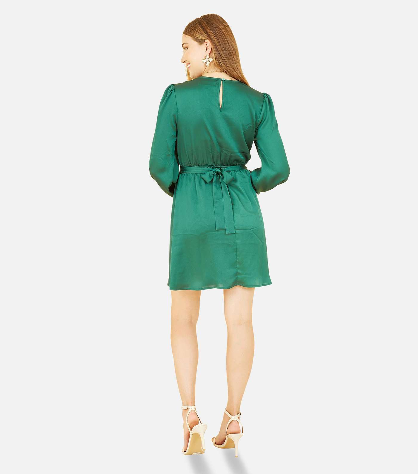 Mela Dark Green V Neck Long Sleeve Belted Mini Wrap Dress Image 5