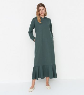 Trendyol Olive Jersey Hooded Maxi Sweatshirt Dress New Look