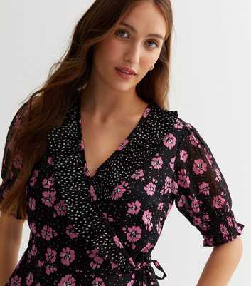 Black Mixed Floral Chiffon Frill Wrap Blouse