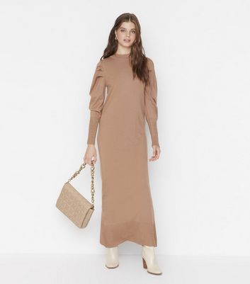 Trendyol Camel Knit Ruched Puff Sleeve Maxi Dress New Look