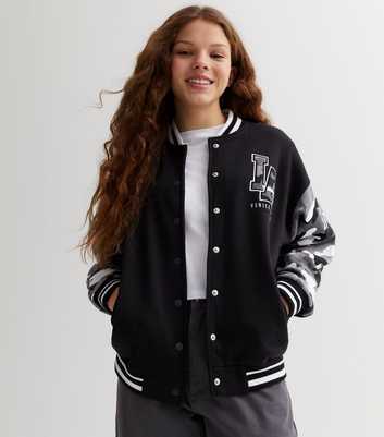 Girls Black LA Varsity Camo Sleeve Bomber Jacket