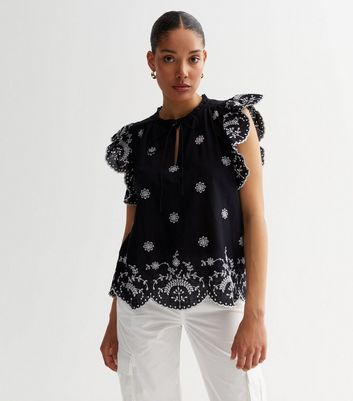 Black Embroidered Frill Sleeve Top | New Look Black Embroidered Frill Sleeve Top | New Look