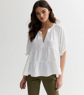 White Frill Sleeve Tiered Peplum Top New Look