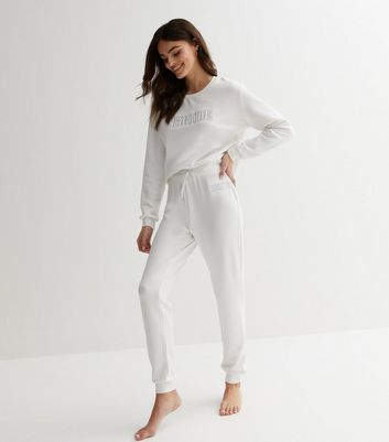 White Jersey Bride Logo Pyjama Joggers New Look