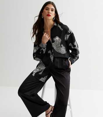 Black Leopard Print Satin Oversized Shirt