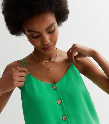 Green Button Front Cami Top New Look