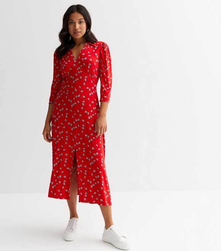 Petite Red Floral Collared 3/4 Sleeve Midi Dress