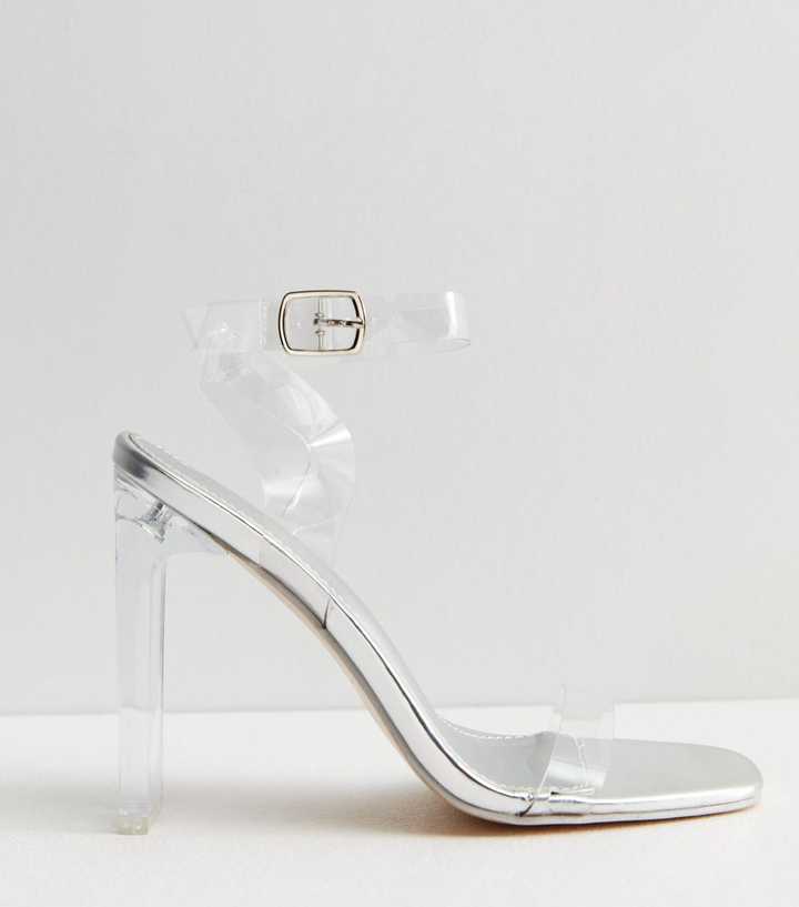 Public Desire Silver Strappy Clear Block Heel Sandals