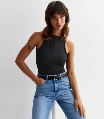 Black Textured Racer Bodysuit