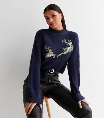 Sunshine Soul Navy Fluffy Sequin Reindeer Jumper