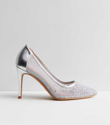 Silver Mesh Diamanté Stiletto Heel Court Shoes