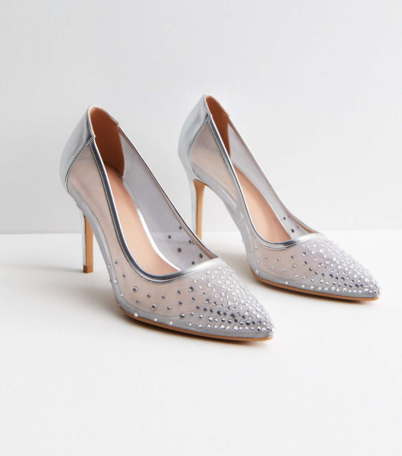 Silver Mesh Diamanté Stiletto Heel Court Shoes Image 3