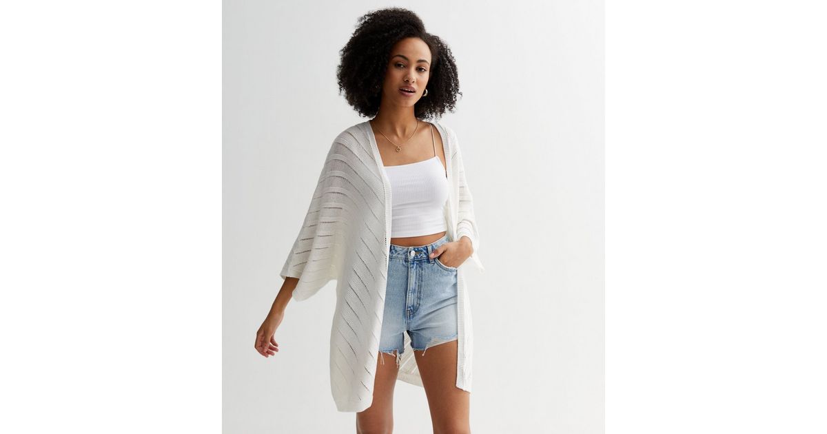 Tall Off White Chevron Knit Kimono Cardigan | New Look