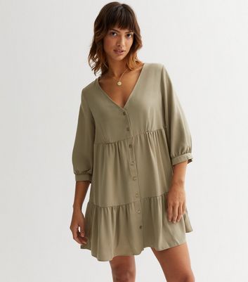 Olive Button Front Mini Smock Dress