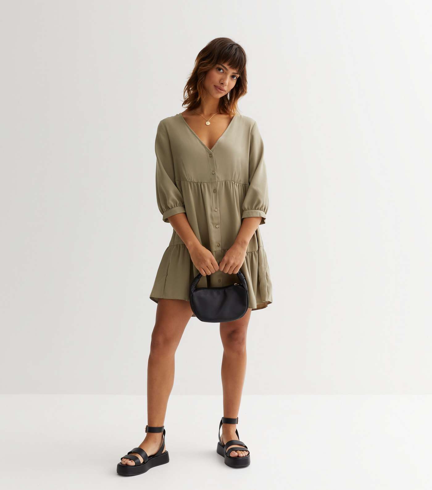 Olive Button Front Mini Smock Dress Image 3