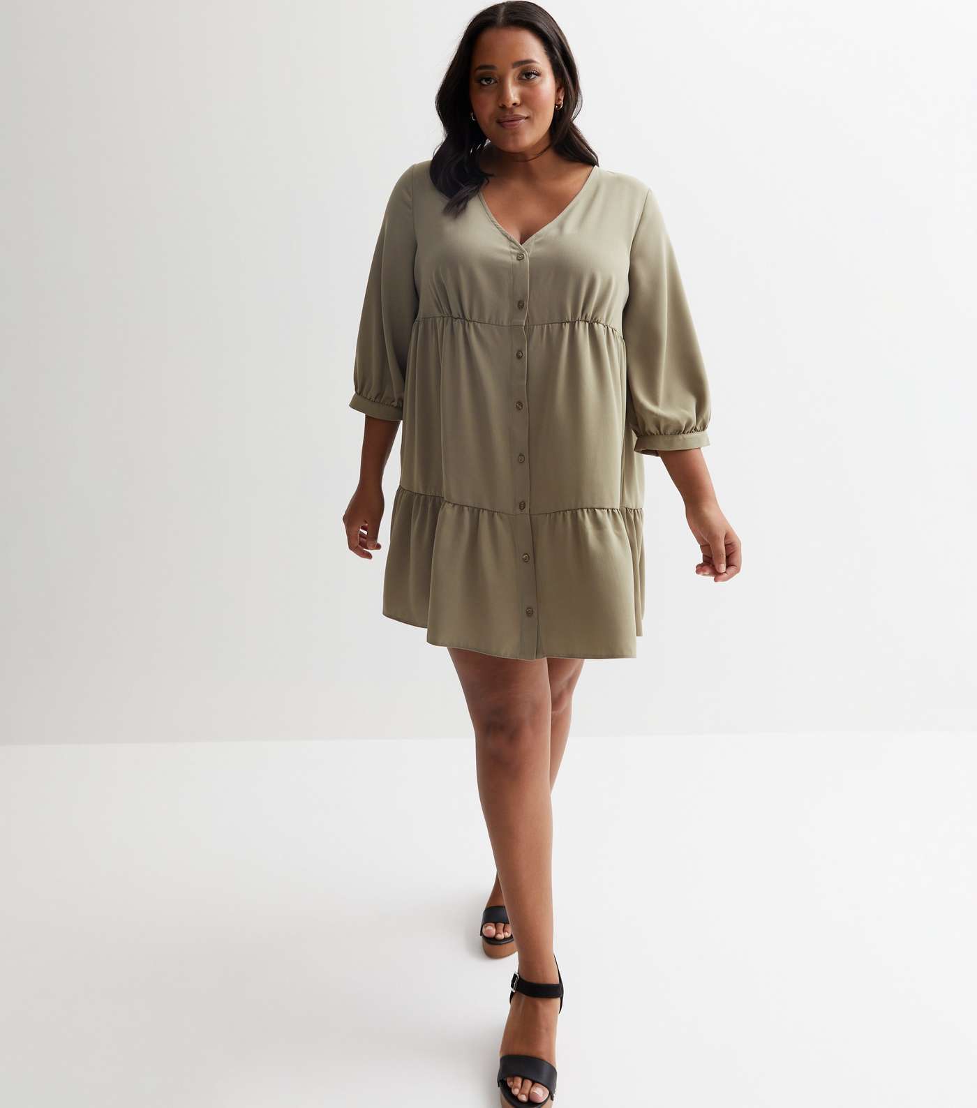 Olive Button Front Mini Smock Dress Image 5