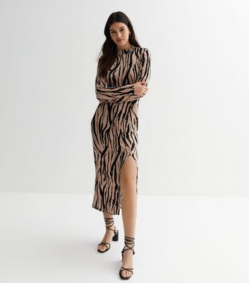 Mink Zebra Print High Neck Midi Dress