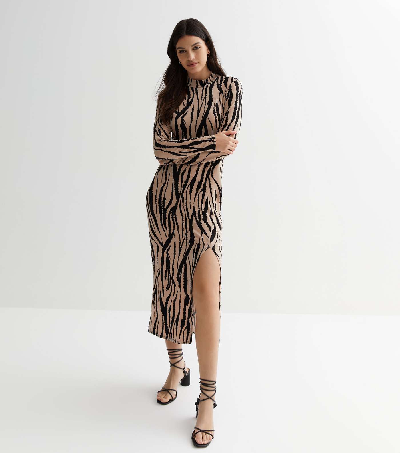 Mink Zebra Print High Neck Midi Dress