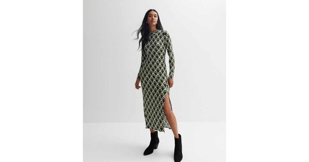 Green Geometric High Neck Midi Dress | New Look