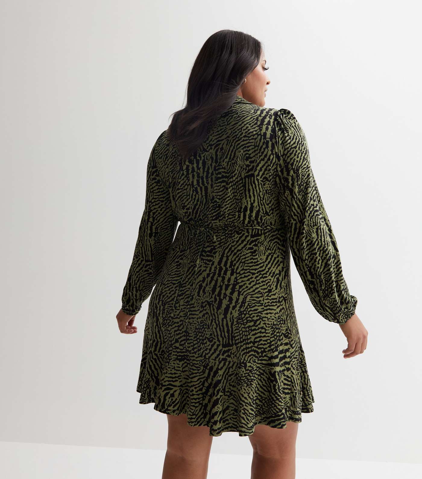 Green Animal Print Collared Frill Mini Dress Image 6