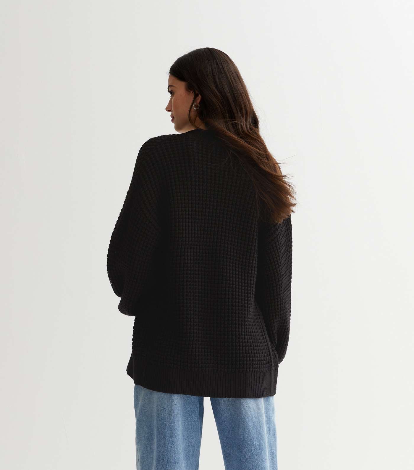 Black Knit Open Front Long Puff Sleeve Cardigan Image 4