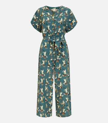 Yumi Teal Bird Print V Neck Button Front Jumpsuit