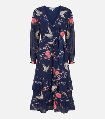 Yumi Navy Floral Bird Chiffon Tiered Midi Wrap Dress New Look