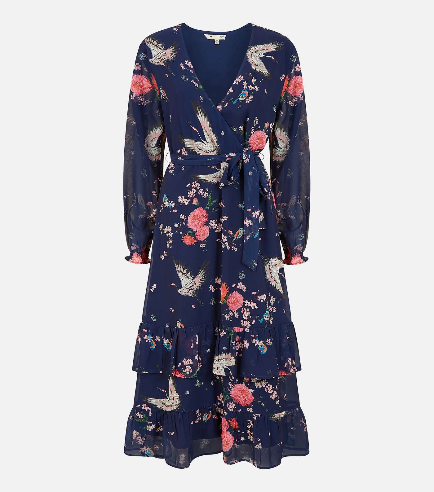 Yumi Navy Floral Bird Chiffon Tiered Midi Wrap Dress Image 5