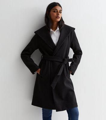 Black Hooded Unlined Belted Coat New Look
