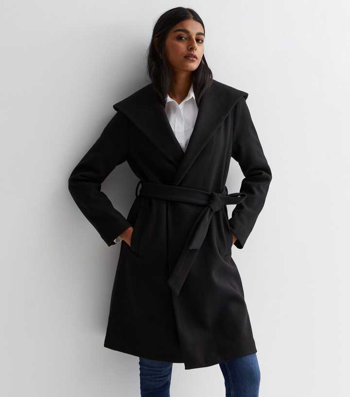 Wool Hooded Wrap Coat, Black