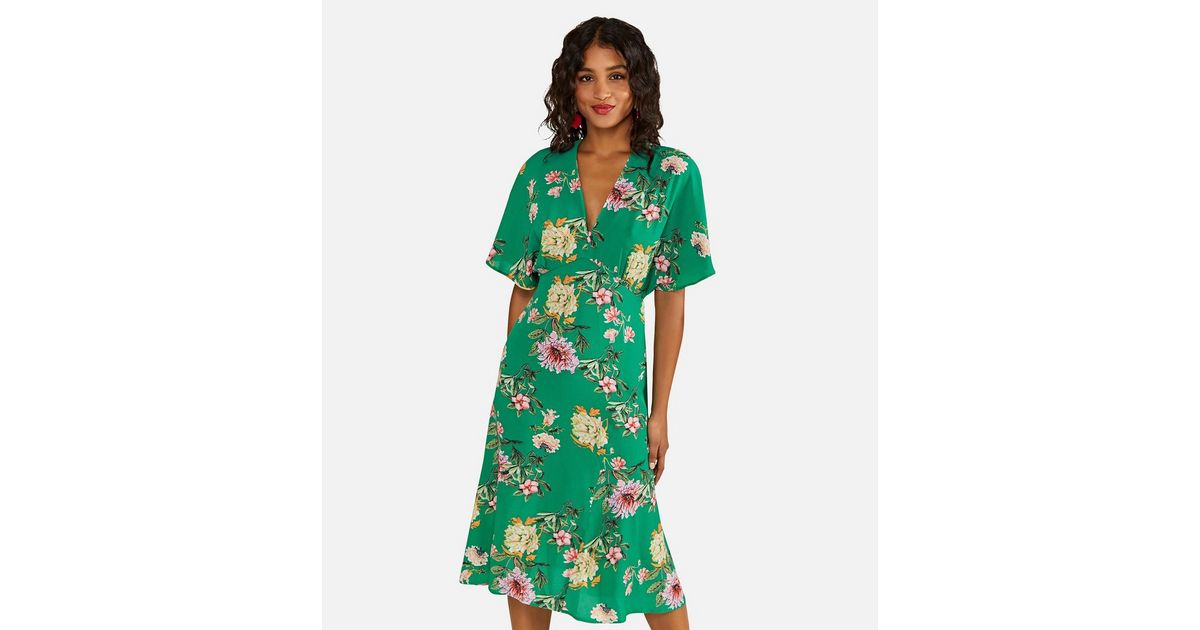 Yumi Green Floral V Neck Kimono Midi Dress New Look