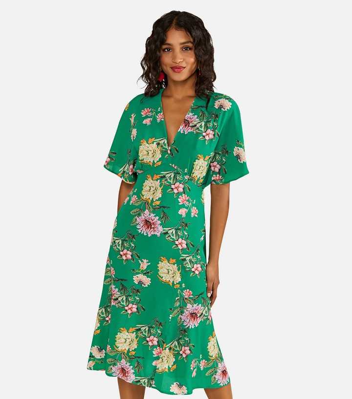 Yumi Green Floral V Neck Kimono Midi Dress