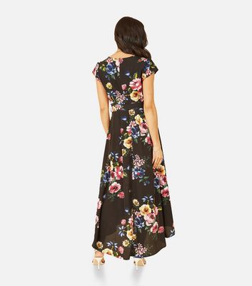 Mela Black Floral Dip Hem Midi Dress New Look