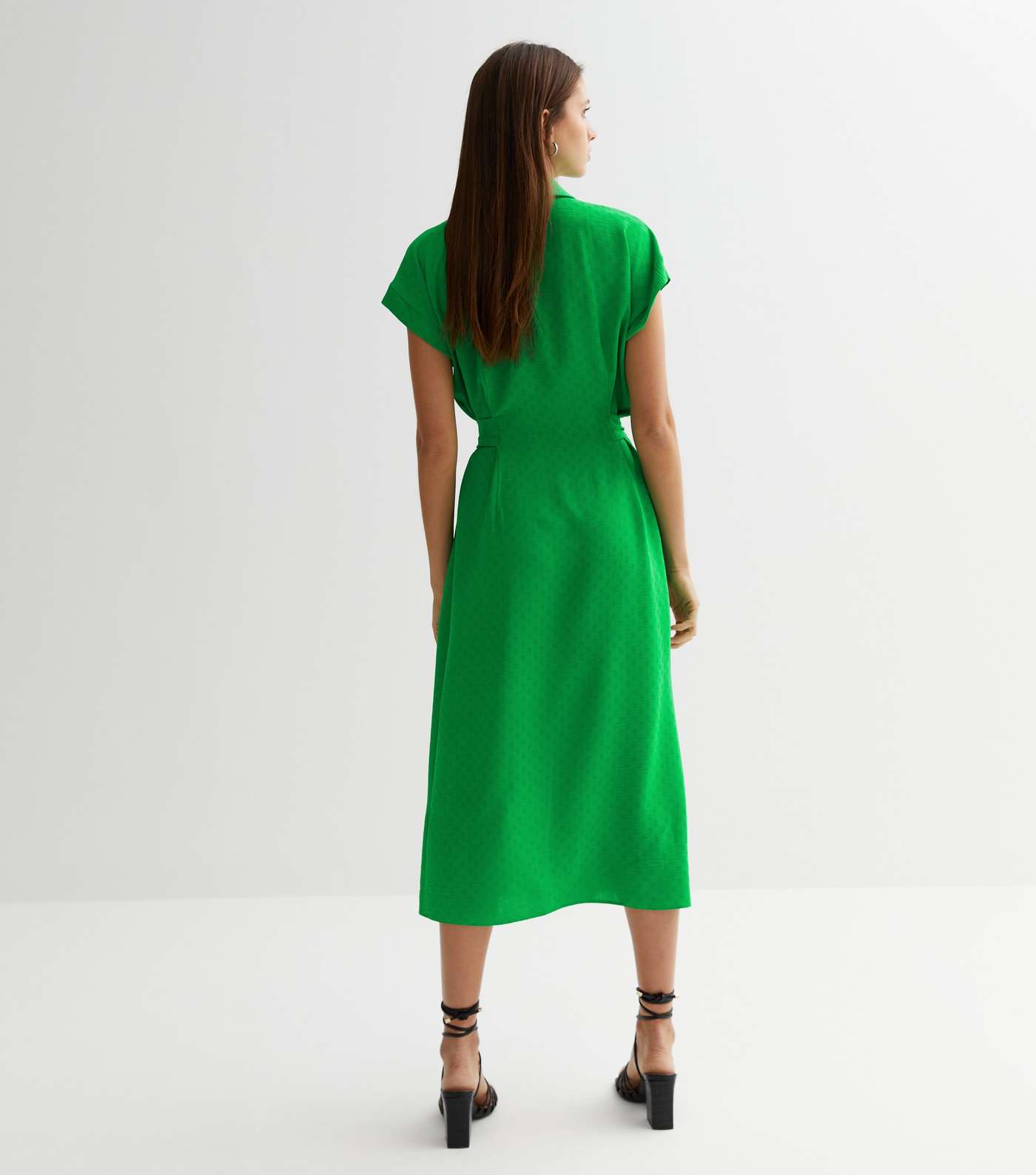 Green Textured Belted Midi Shirt Dress Image 3