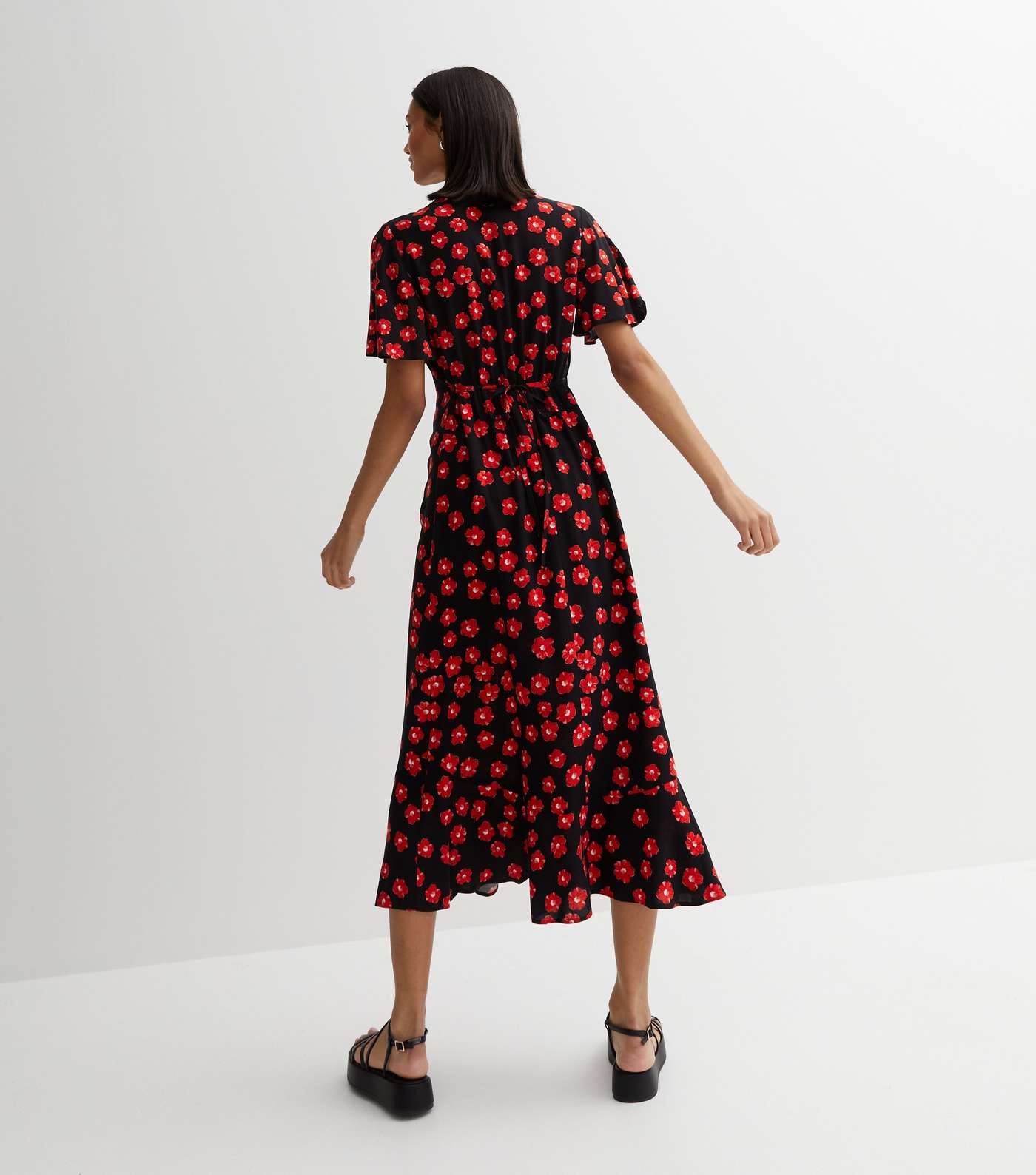 Black Poppy Print Flutter Sleeve Midi Dress Image 4