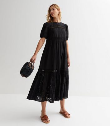 Black broderie shop midi dress