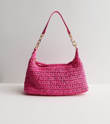 Bright Pink Straw Effect Chain Shoulder Bag New Look