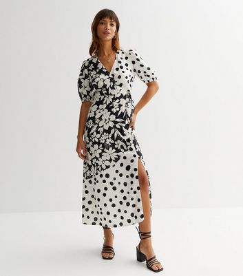 Black Mixed Floral Animal Print Midi Wrap Dress | New Look