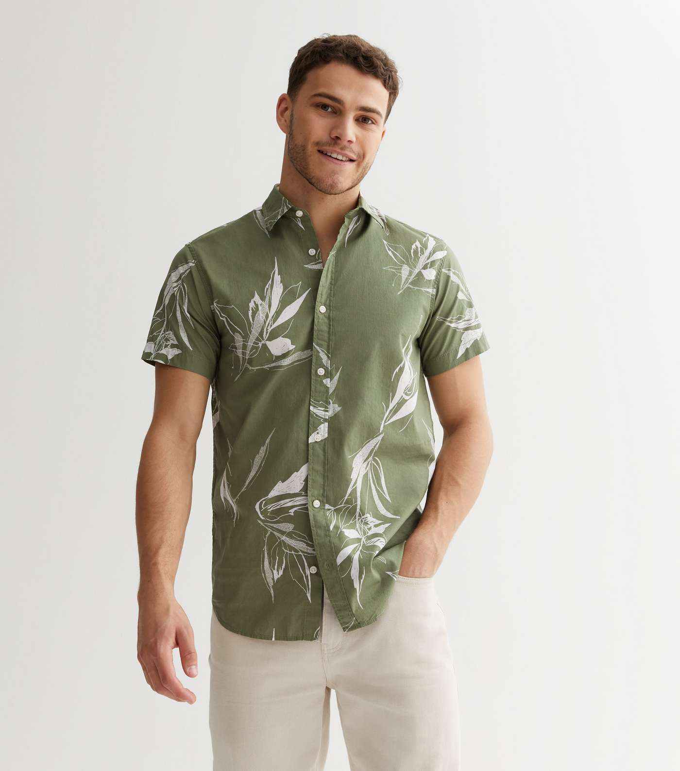 Jack & Jones Khaki Leaf Short Sleeve Shirt | New Look
