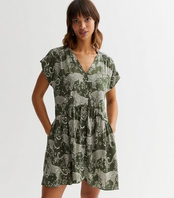 Green Leopard Print Button Front Mini Smock Dress | New Look