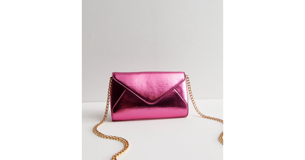 Pink Metallic Chain Strap Clutch Bag New Look
