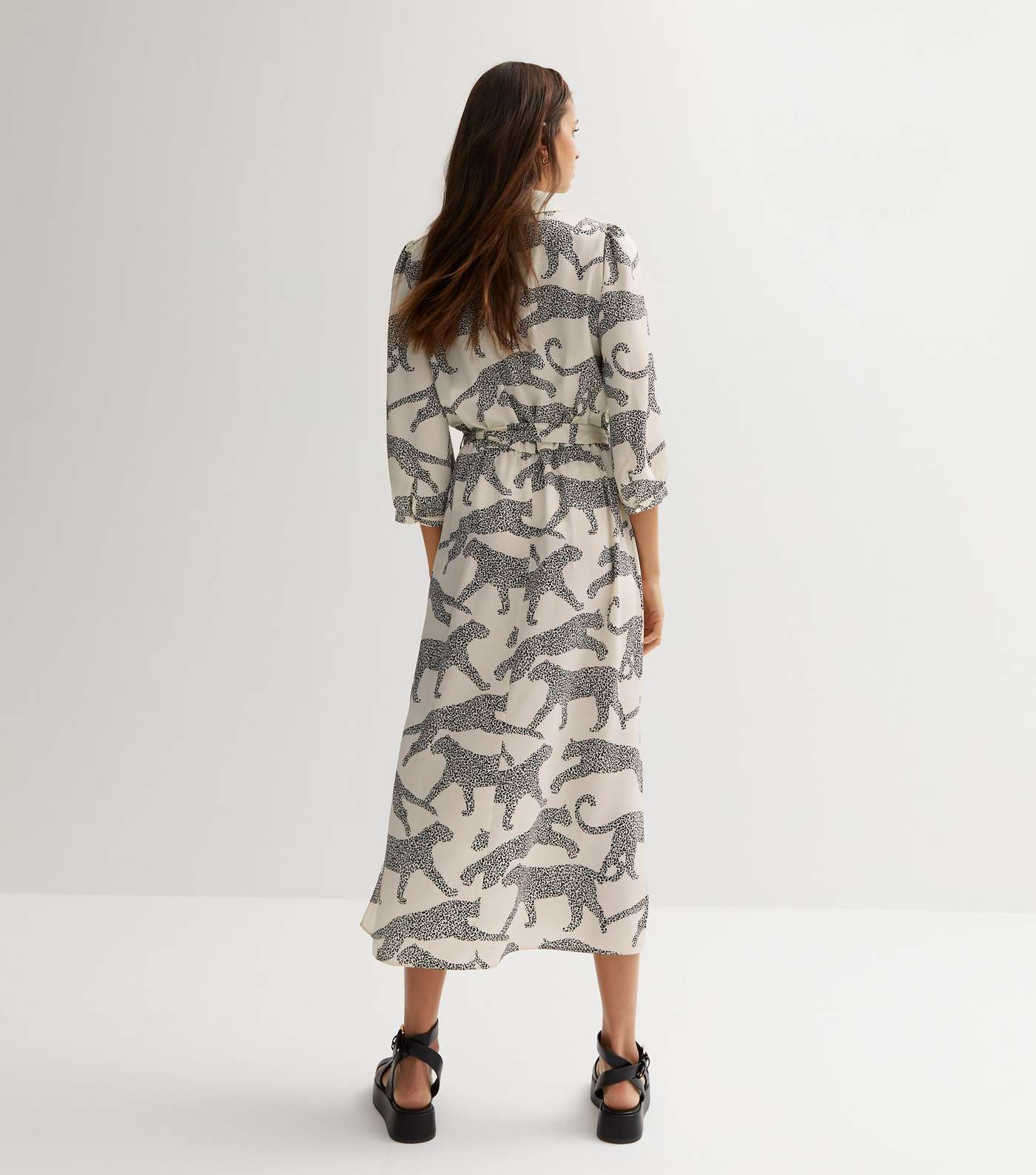 White Leopard Print Collared Midi Wrap Dress Image 4