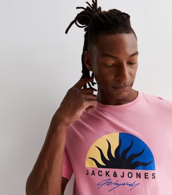 Men's Jack & Jones Mid Pink Cotton Tropical Logo T-Shirt New Look