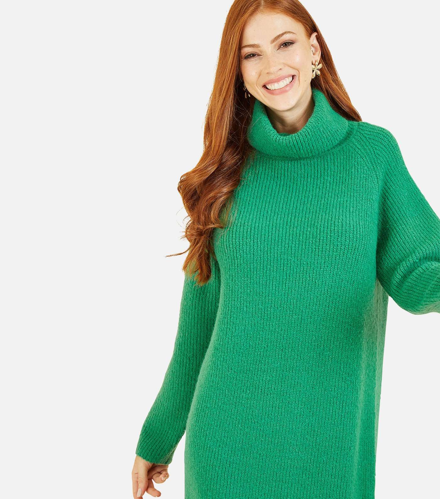 Yumi Green Knit Roll Neck Long Sleeve Midi Dress Image 2