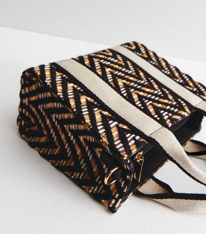 Black Chevron Straw Effect Mini Tote Bag