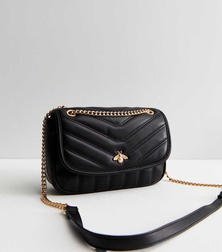 New Look Black Quilted Leather-Look Bee Midi Purse