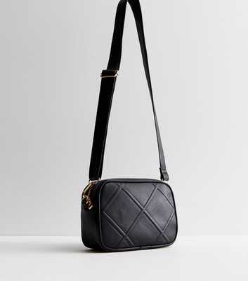 Black Leather-Look Diamond Quilted Cross-Body Bag