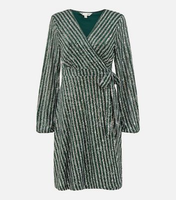 Yumi Green Stripe Sequin V Neck Long Puff Sleeve Mini Wrap Dress New Look