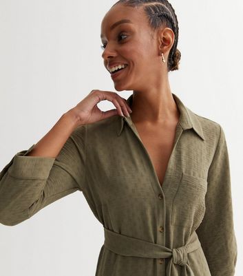 khaki belted shirt dress